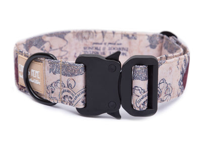 Hell gemustertes Hundehalsband aus Stoff mit schwarzem Kunststoff-Sicherheitsverschluss und schwarzem Metallring zur Befestigung einer Leine. Das Halsband ist vor weißem Hintergrund fotografiert und zeigt eine breite, verstellbare Ausführung mit gepolsterter Innenseite. Auf einem kleinen Etikett am Ring ist ein Markenlogo zu erkennen.