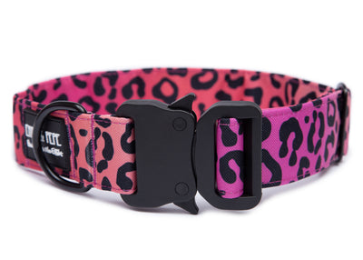 Pinkes Hundehalsband in Leomuster aus Stoff mit schwarzem Kunststoff-Sicherheitsverschluss und schwarzem Metallring zur Befestigung einer Leine. Das Halsband ist vor weißem Hintergrund fotografiert und zeigt eine breite, verstellbare Ausführung mit gepolsterter Innenseite. Auf einem kleinen Etikett am Ring ist ein Markenlogo zu erkennen.