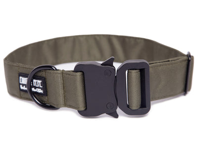 Olivefarbenes Hundehalsband aus Stoff mit schwarzem Kunststoff-Sicherheitsverschluss und schwarzem Metallring zur Befestigung einer Leine. Das Halsband ist vor weißem Hintergrund fotografiert und zeigt eine breite, verstellbare Ausführung mit gepolsterter Innenseite. Auf einem kleinen Etikett am Ring ist ein Markenlogo zu erkennen.