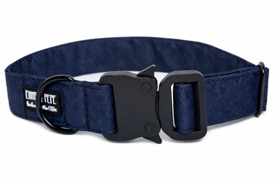 Blaues Hundehalsband aus Stoff mit schwarzem Kunststoff-Sicherheitsverschluss und schwarzem Metallring zur Befestigung einer Leine. Das Halsband ist vor weißem Hintergrund fotografiert und zeigt eine breite, verstellbare Ausführung mit gepolsterter Innenseite. Auf einem kleinen Etikett am Ring ist ein Markenlogo zu erkennen.