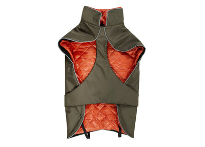 Innenansicht des Wau-Coat Hundemantels  in Olive mit herausnehmbarem Innenfutter in Orange, hohem Kragen und integriertem Bauchschutz