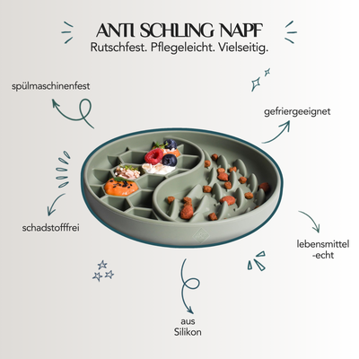 Anti-Schlingnapf und Schleckmatte aus Silikon für Hunde und Katzen mit rutschfestem Design, lebensmittelechtem Material und einfacher Reinigung.