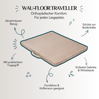 Wau-Traveller Hundematte mit Tragegriff, Outdoor-Unterseite und waschbarem Bezug