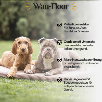 Zwei Hunde entspannen auf der Wau-Floor Hundematte aus Pets Friendly Stoff