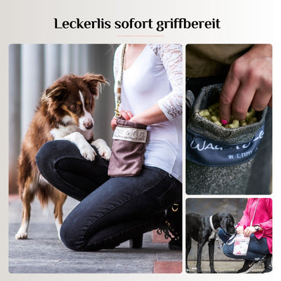 EMMY & PEPE Wau-To-Go Cinnamon Leckerlibeutel und Gassitasche im Einsatz mit Leckerlis sofort griffbereit