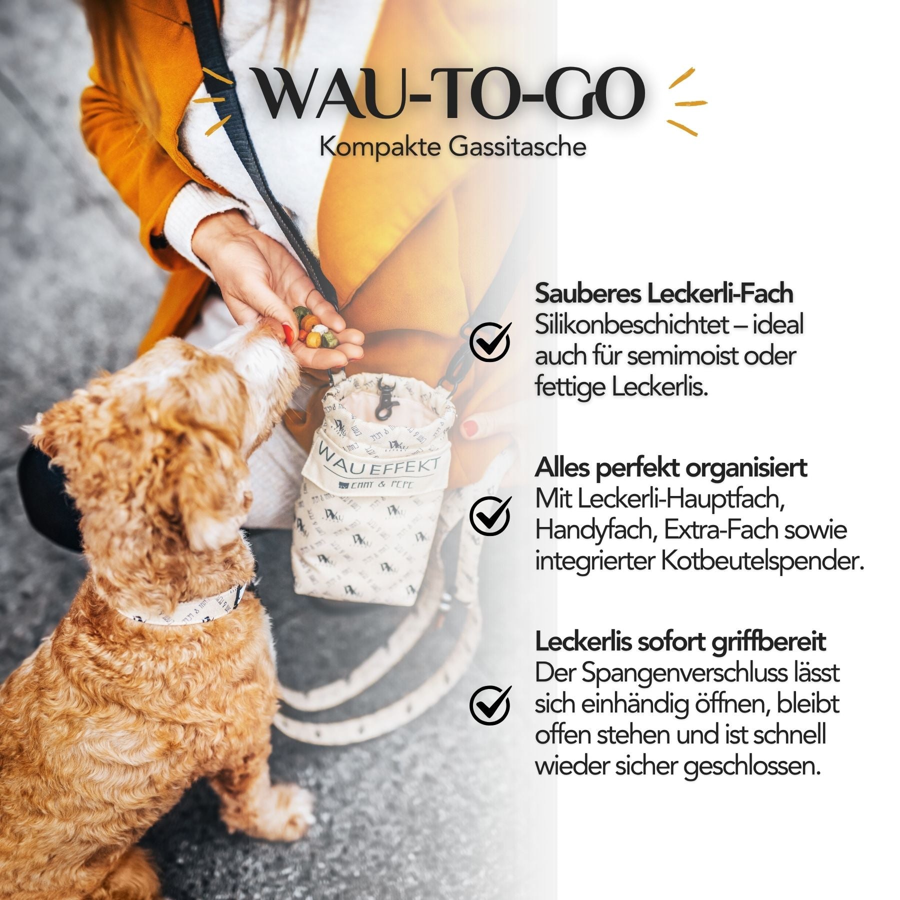 Hund wartet vor der EMMY & PEPE Wau-To-Go Cinnamon Leckerlibeutel und Gassitasche auf seine Belohnung