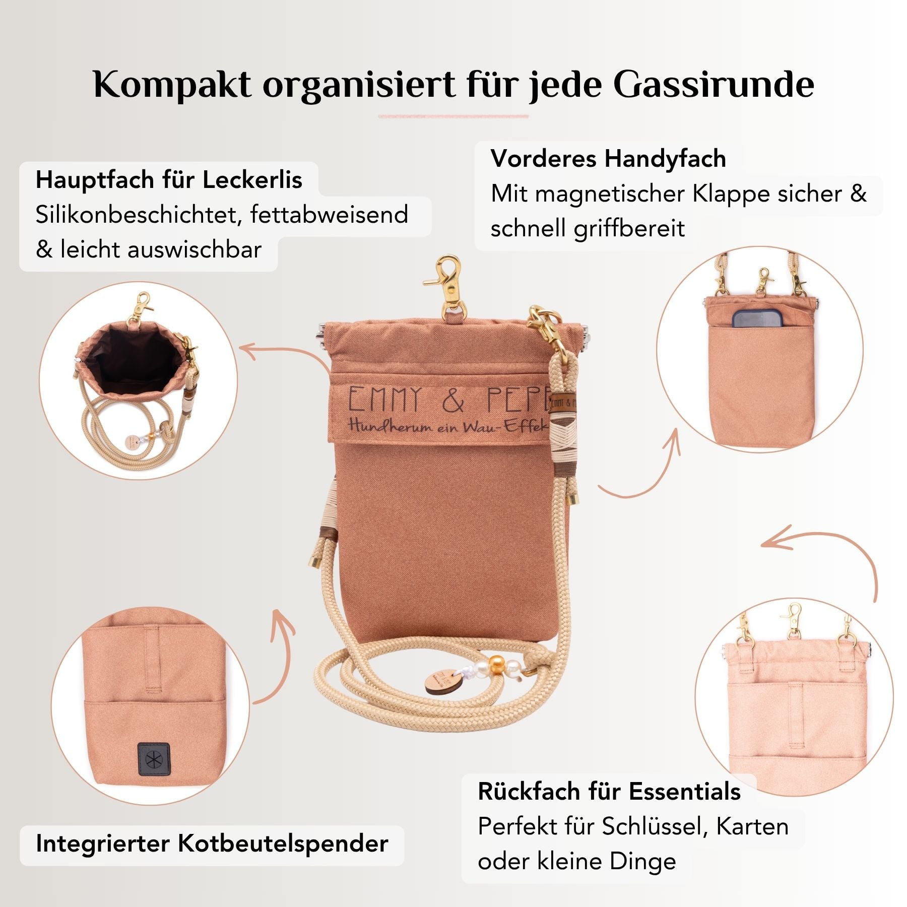 EMMY & PEPE Wau-To-Go Cinnamon Leckerlibeutel und Gassitasche mit Leckerli-Hauptfach, Handyfach, Rückfach und Kotbeutelspender