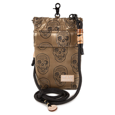 Gassitasche Wau-to-go Goldskull aus Kunstleder in gold mit schwarzen Totenköpfen und mit Schultergurt und mehreren praktischen Fächern