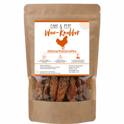 Wau-Knabber Hühnerfilet Streifen von EMMY & PEPE – Produkttüte, 100 % Huhn, schonend getrocknet