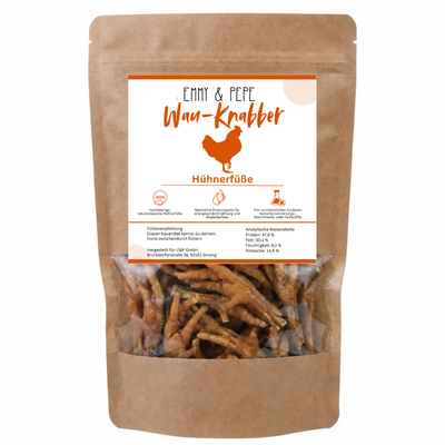 Wau-Knabber Hühnerfüße von EMMY & PEPE – Produkttüte, 100 % Huhn, schonend getrocknet