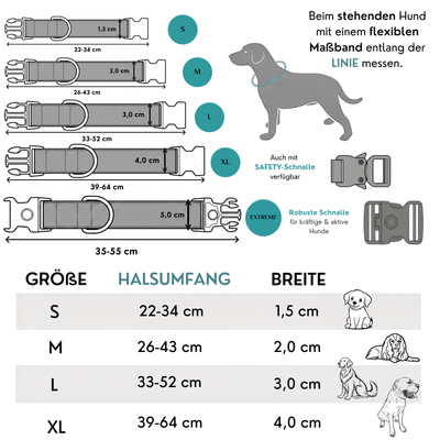 Größentabelle für das Wau-Move Hundehalsband mit Halsumfang, Breite und Messanleitung