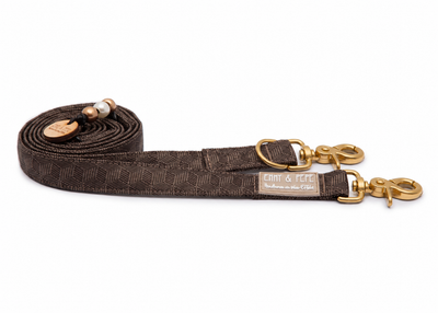 Wau-Move Hundeleine Hazel in Braun von EMMY & PEPE – dreifach verstellbar mit goldenem Scherenkarabiner.