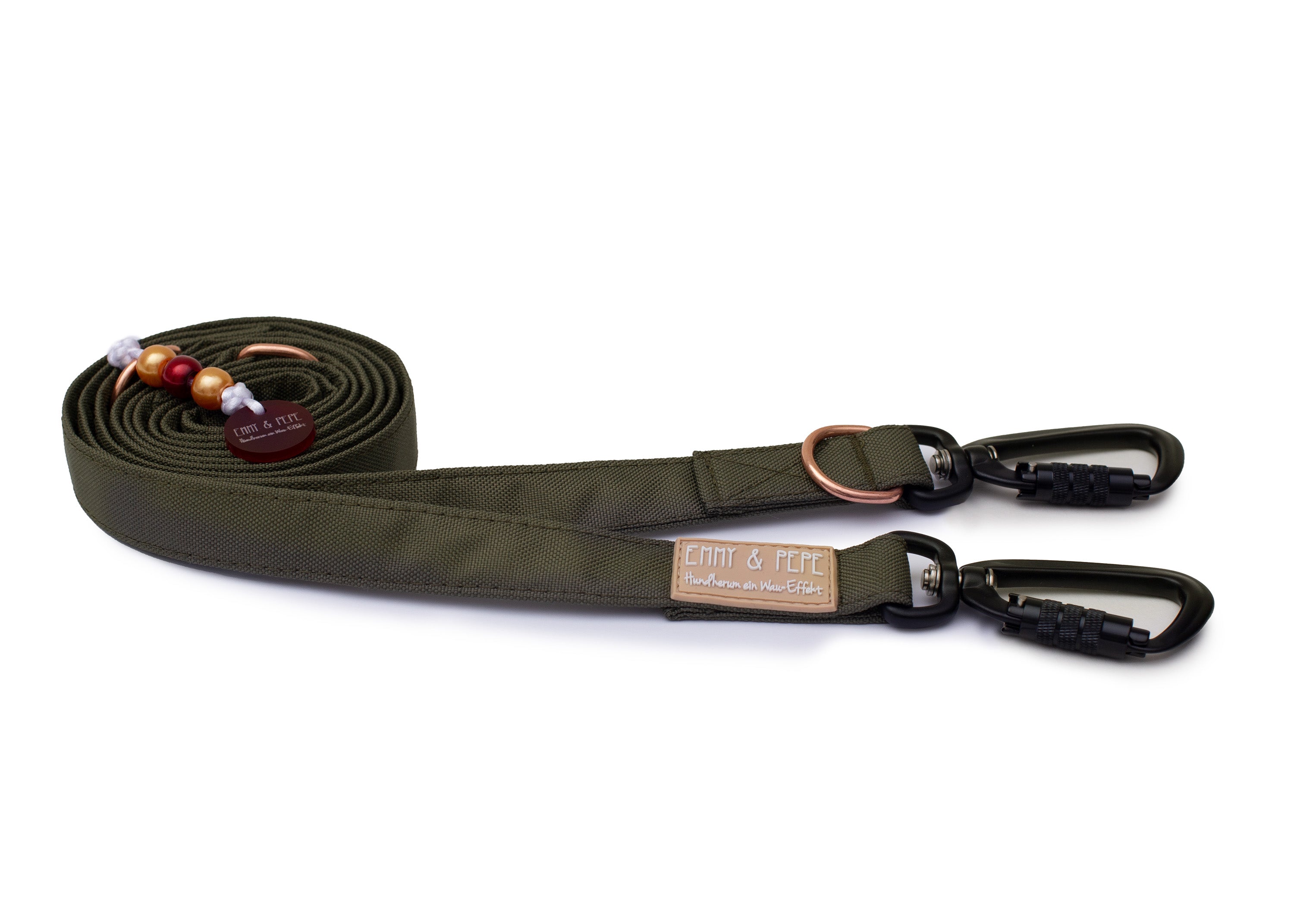 Wau-Move Hundeleine Lotte in Olive von EMMY & PEPE – dreifach verstellbar mit schwarzen Sicherheitskarabinern