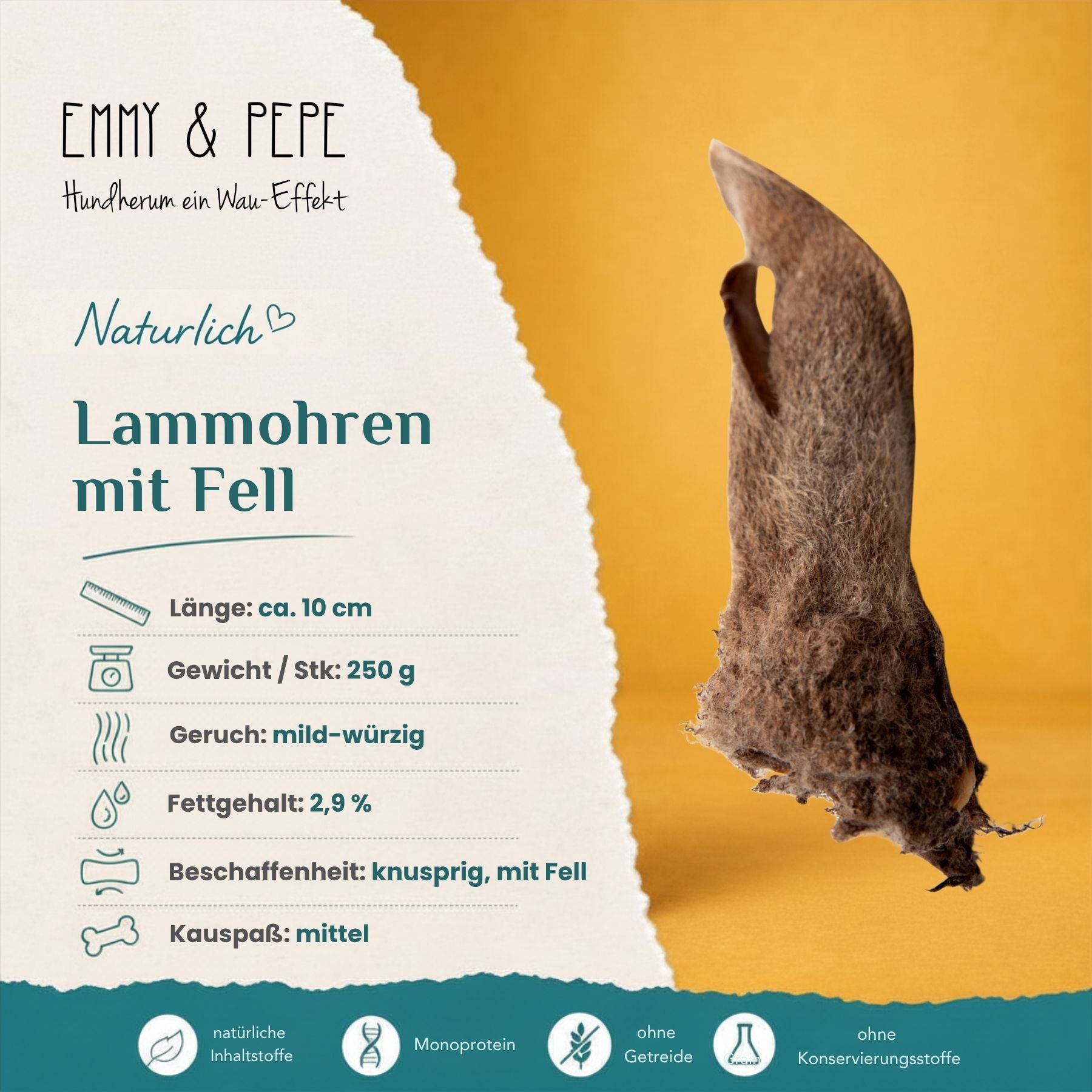 Wau-Knabber Lammohren mit Fell getrocknet – Kauartikel für Hunde: 88,9 % Rohprotein, nur 2,9 % Fett, magerster Kausnack für Hunde im EMMY & PEPE Sortiment