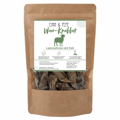 Wau-Knabber Lammohren mit Fell von EMMY & PEPE – Produkttüte, 100 % Lamm, schonend getrocknet