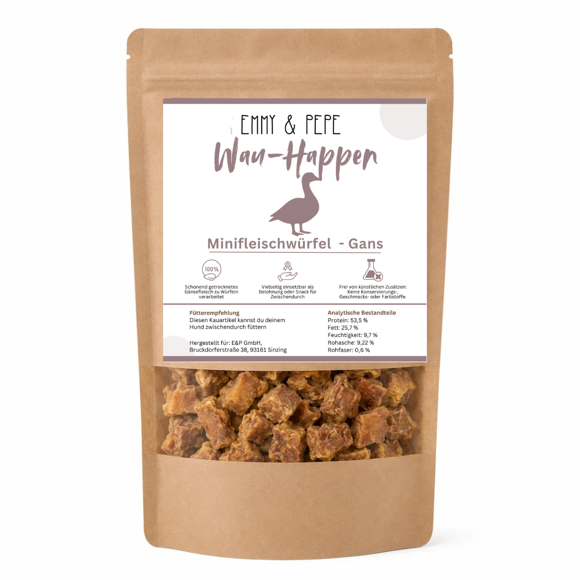 Kraftpapier-Verpackung Emmy & Pepe Wau-Happen Minifleischwürfel Gans, 1000g, mit Gänse-Logo, Etikett zu Analytischen Bestandteilen (Protein 53,50%, Fett 25,70%, Rohasche 9,22%, Rohfaser 0,60%) und Fütterempfehlung, im Sichtfenster getrocknete Gänsefleisch-Miniwürfel