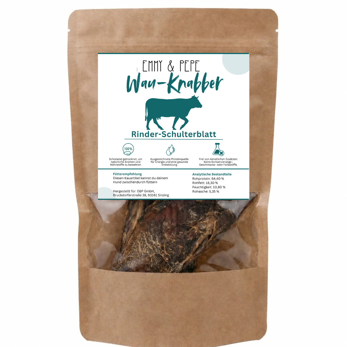 Wau-Knabber Rinder Schulterblatt von EMMY & PEPE – Produkttüte, 100 % Rind, schonend getrocknet
