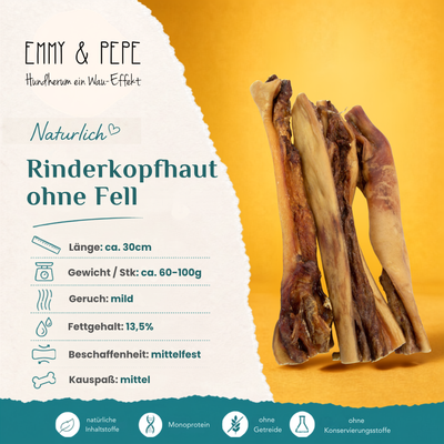 Produkteigenschaften Rinderkopfhaut mit Fell 30cm – natürliche Rohfaser durch Fell, 82,1 % Rohprotein, 4,3 % Rohfett, mittelfeste Beschaffenheit, für mittelgroße bis große Hunde