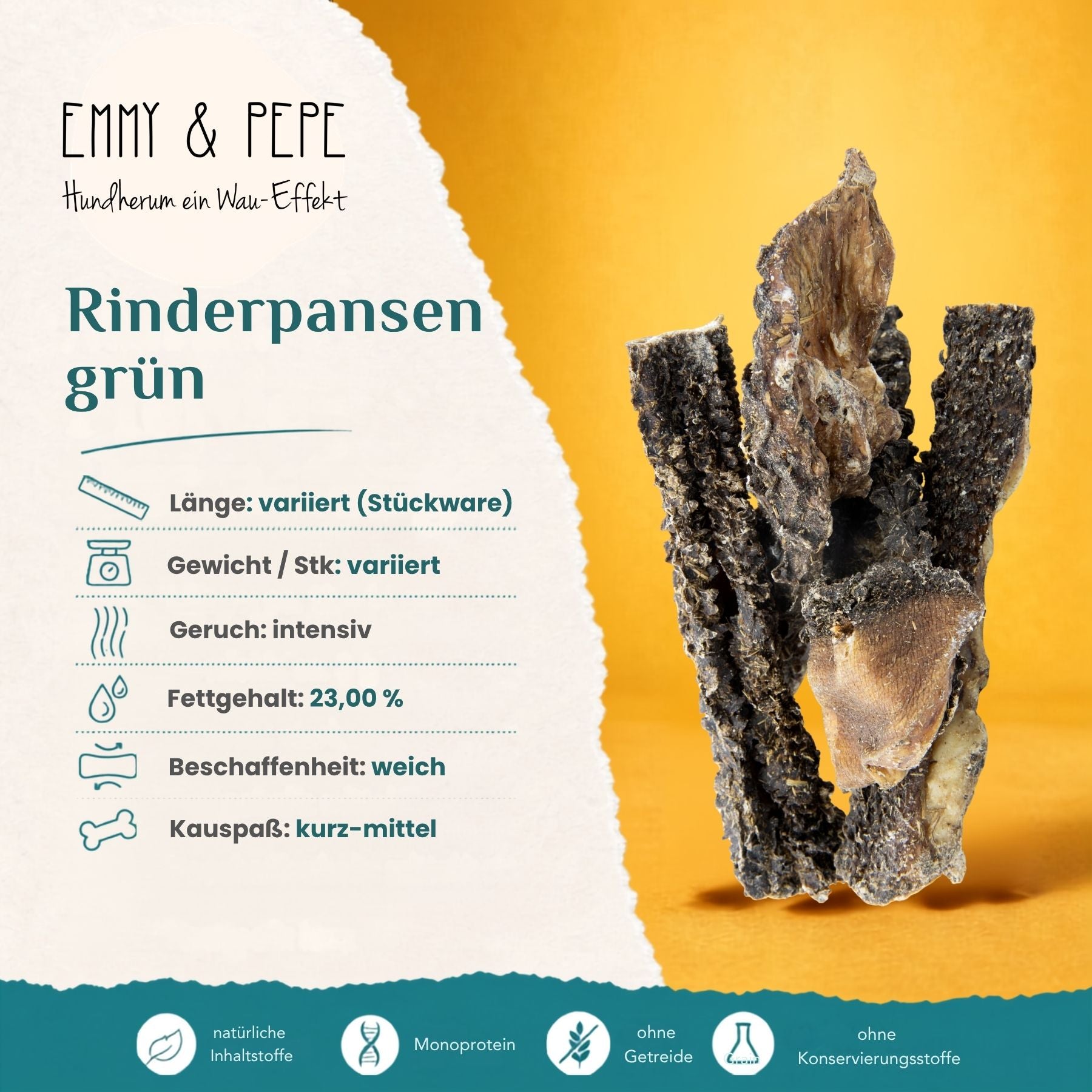 Produkteigenschaften Rinderpansen grün für Hunde – Geruch, Fettgehalt, Beschaffenheit und Kauspaß auf einen Blick