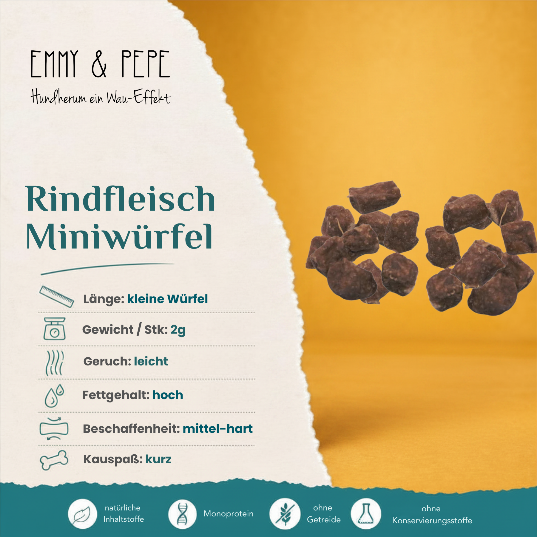 Emmy & Pepe Rindfleisch Miniwürfel – Icons zu 100% Rind, Natürliches Kollagen und Ohne Zusätze, im Hintergrund zwei Haufen getrockneter Rindfleisch-Miniwürfel