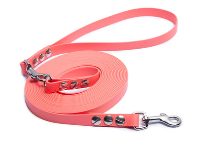Schleppleine aus Biothane, Modell  Super Flex Apricot, Karabiner Rosegold /  5m / 10 m oder 15 m, mit oder ohne abnehmbarer Handschlaufe 