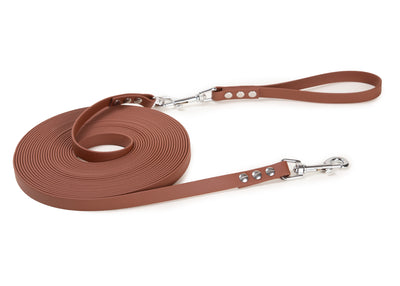 Schleppleine aus Biothane, Modell Super Flex Braun, Karabiner  Rosegold /  5m / 10 m oder 15 m, mit oder ohne abnehmbarer Handschlaufe 