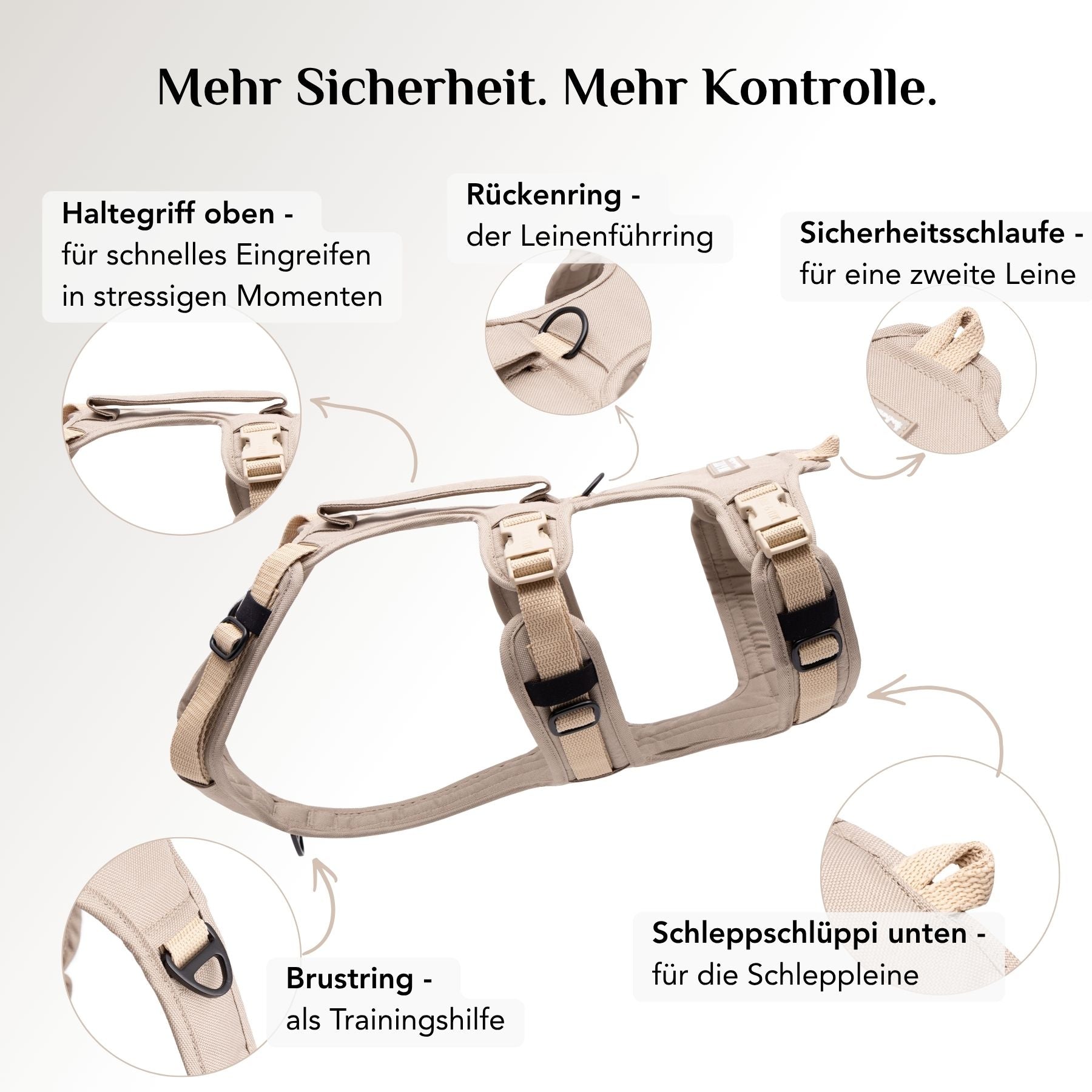 Panikgeschirr Hund Dune Beige mit Rückenring, Brustring, Sicherheitsschlaufe und Schleppschlüppi