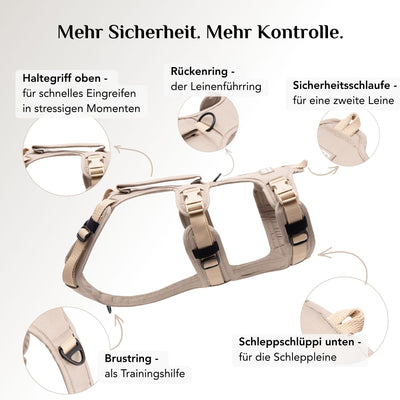 Panikgeschirr Hund Dune Beige mit Rückenring, Brustring, Sicherheitsschlaufe und Schleppschlüppi