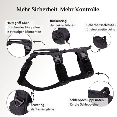 Wau-Safety Sicherheitsgeschirr Schwarz mit Rückenring, Brustring, Sicherheitsschlaufe und Schleppschlüppi