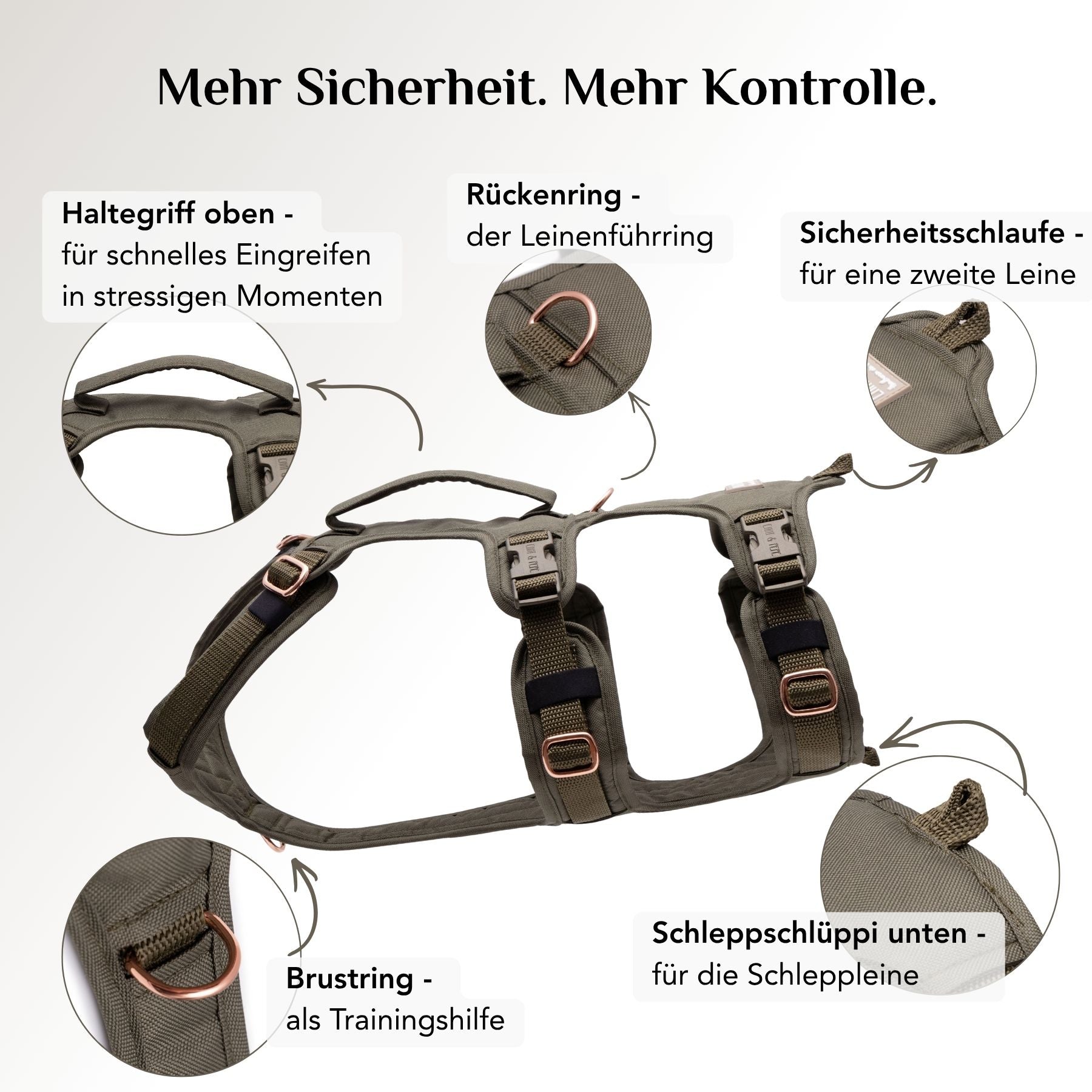 Wau-Safety Sicherheitsgeschirr Lotte Olivgrün mit Rückenring, Brustring, Sicherheitsschlaufe und Schleppschlüppi