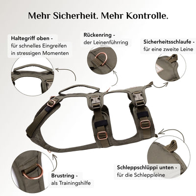 Wau-Safety Sicherheitsgeschirr Lotte Olivgrün mit Rückenring, Brustring, Sicherheitsschlaufe und Schleppschlüppi