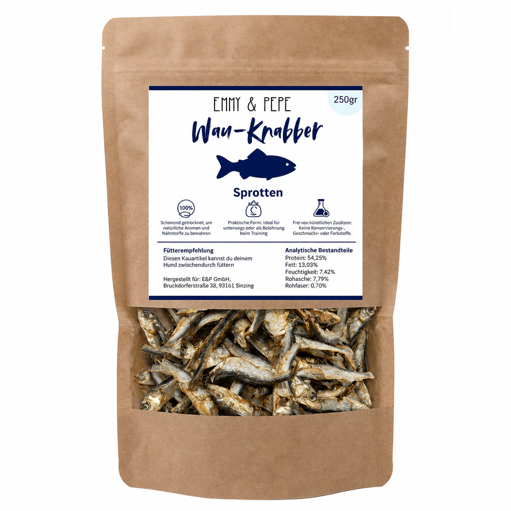 Wau-Knabber Sprotte von EMMY & PEPE – Produkttüte, 100 % Sprotte, schonend getrocknet