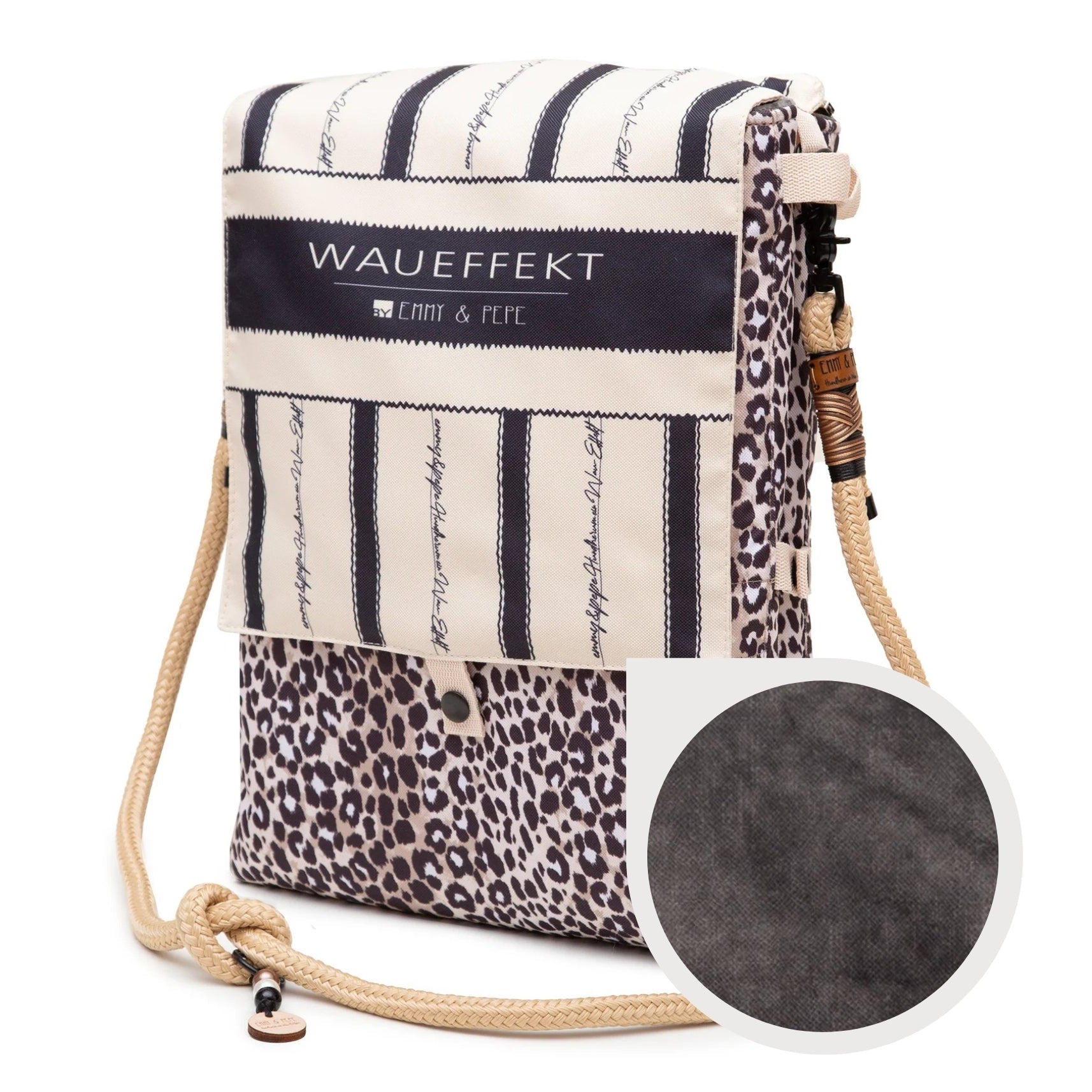 Wau-Backpack Leo Dark in Creme und Braun von EMMY & PEPE in der Frontansicht, geschlossen mit Klappe und Tau-Schultergurt