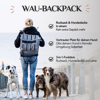Wau-Backpack von EMMY & PEPE am Strand mit Hund – Rucksack, Hundedecke und Leine in einem stylischen 3-in-1-Backpack für unterwegs