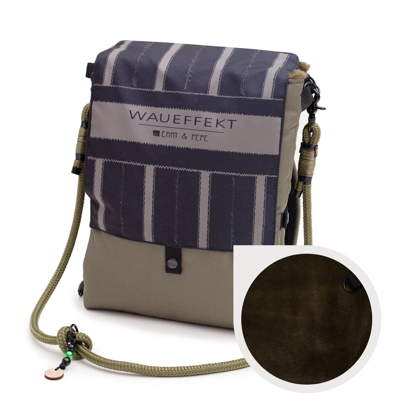 Wau-Backpack Lothar in Olive und Schwarz von EMMY & PEPE in der Frontansicht, geschlossen mit Klappe und Tau-Schultergurt