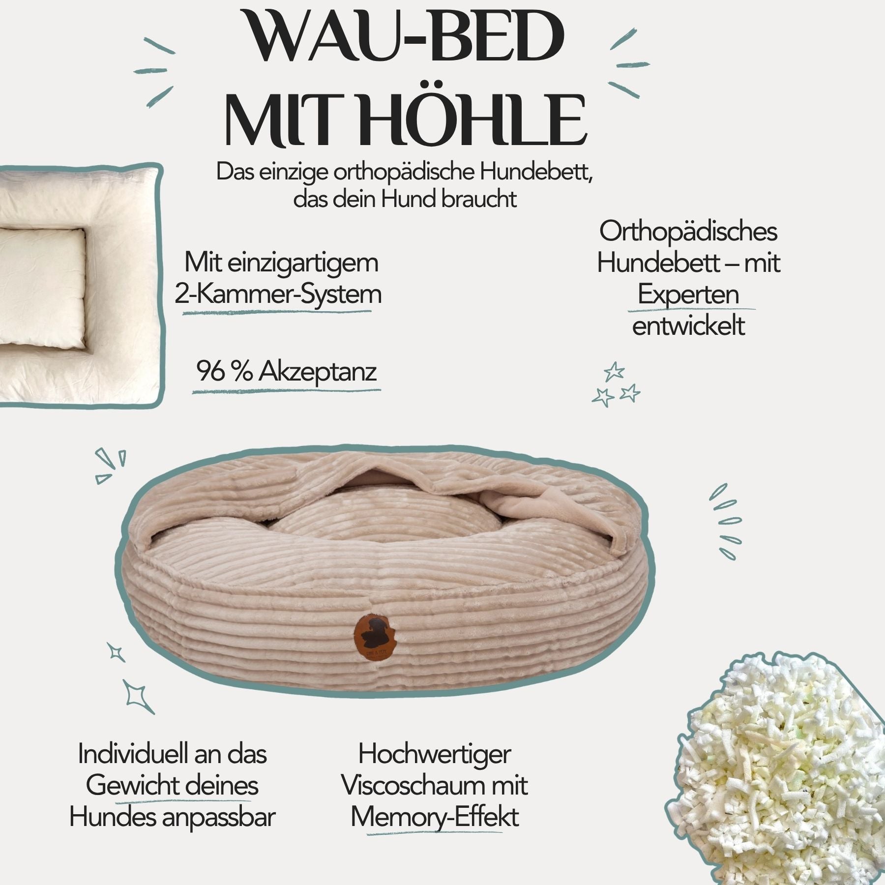 Woof bed with cave, cuddly corduroy