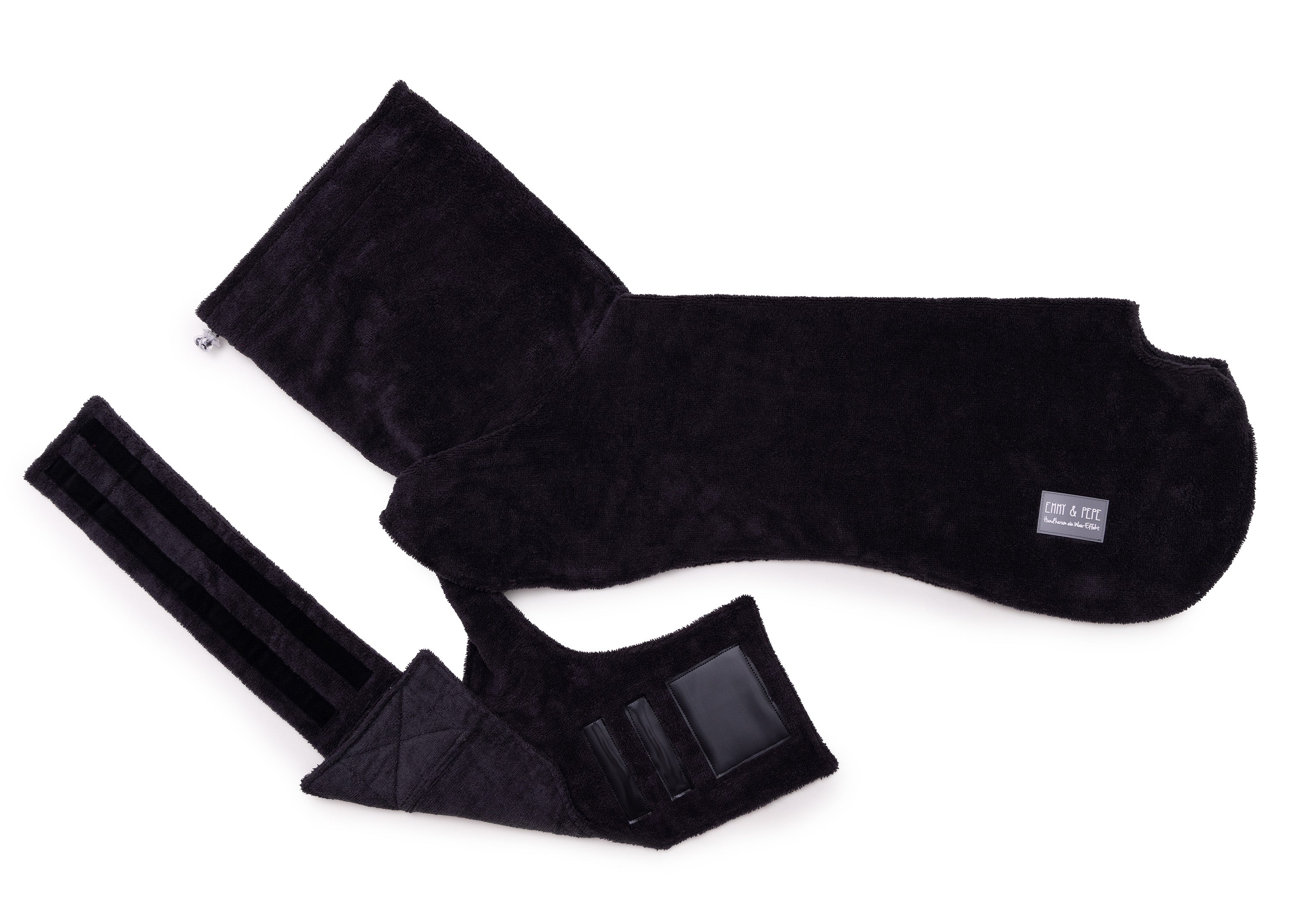 Hundebademantel aus Bambusfaser mit verstellbarem Bauchgurt und Klettverschluss für sicheren Halt und perfekte Passform in Schwarz