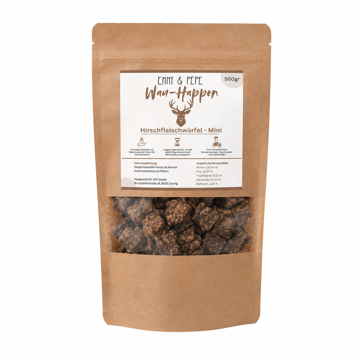 Kraftpapier-Verpackung Emmy & Pepe Wau-Happen Hirschfleischwürfel Mini, 500g, mit Hirsch-Logo, Etikett zu Analytischen Bestandteilen (Protein 54,40%, Fett 22,90%, Feuchtigkeit 8,10%, Rohasche 10,80%, Rohfaser 3,30%) und Fütterempfehlung, im Sichtfenster getrocknete Hirschfleisch-Miniwürfel