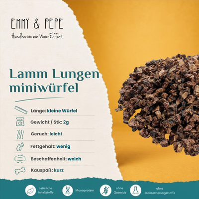 Emmy & Pepe Lamm Lungenminiwürfel Kausnack für Hunde – Übersicht mit Länge kleine Würfel, Gewicht 2g pro Stück, Geruch leicht, Fettgehalt wenig, Beschaffenheit weich, Kauspaß kurz, sowie Hinweise zu natürlichen Inhaltsstoffen, Monoprotein, ohne Getreide und ohne Konservierungsstoffe