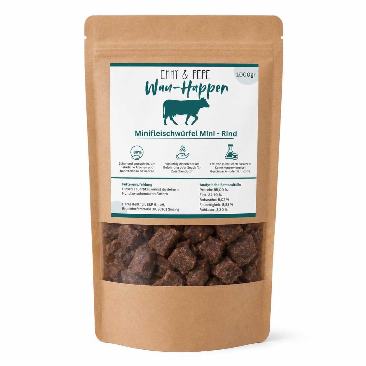 Kraftpapier-Verpackung Emmy & Pepe Wau-Happen Minifleischwürfel Mini-Rind, 1000g, mit Rinder-Logo, Etikett zu Analytischen Bestandteilen (Protein 55,00%, Fett 34,10%, Rohasche 5,02%, Feuchtigkeit 5,83%, Rohfaser 3,30%) und Fütterempfehlung, im Sichtfenster getrocknete Rindfleisch-Miniwürfel