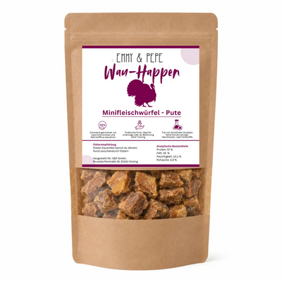 Kraftpapier-Verpackung Emmy & Pepe Wau-Happen Minifleischwürfel Mini-Pute, 1000g, mit Puten-Logo, Etikett zu Analytischen Bestandteilen (Protein 57,00%, Fett 26,00%, Feuchtigkeit 10,10%, Rohasche 4,60%) und Fütterempfehlung, im Sichtfenster getrocknete Putenfleisch-Miniwürfel