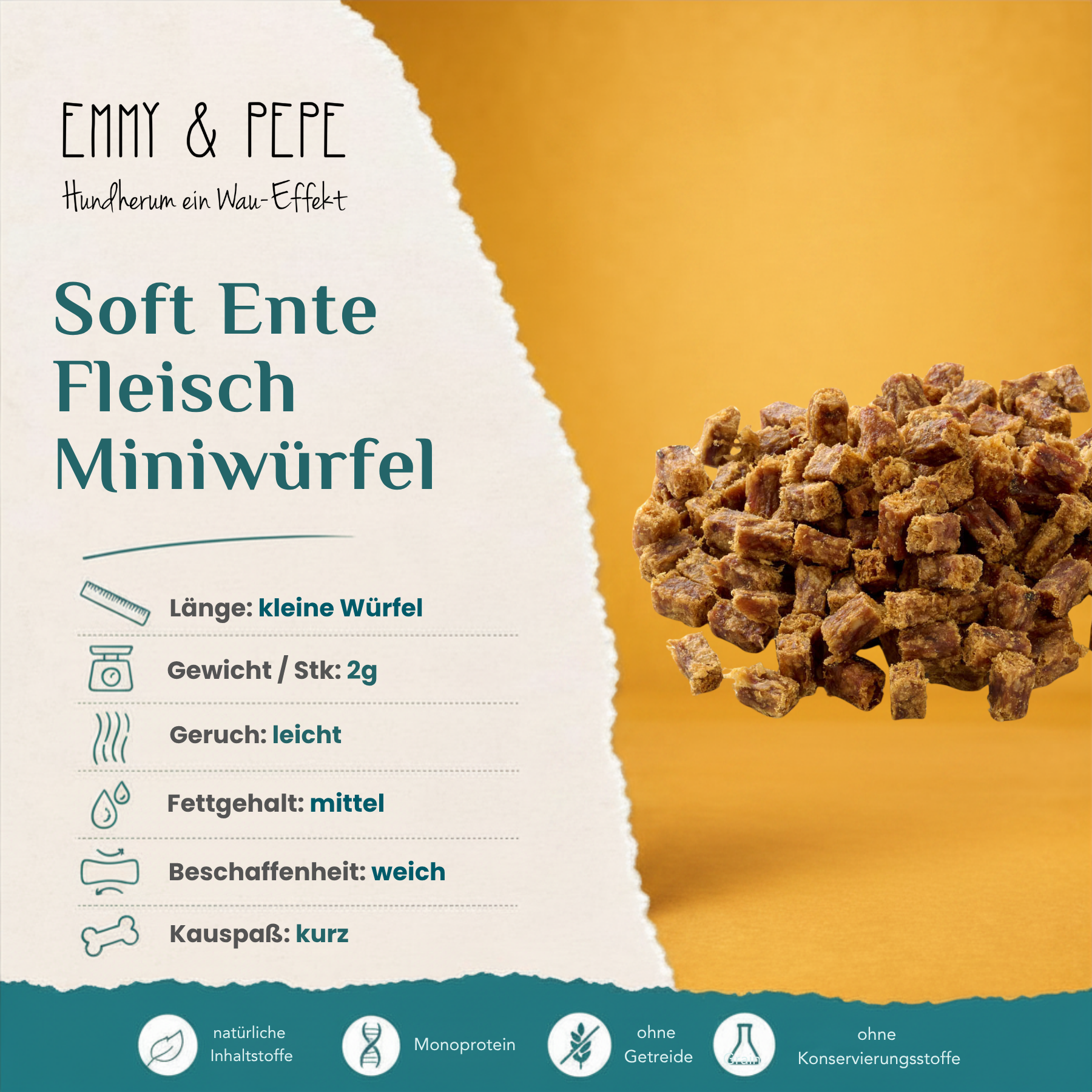 Emmy & Pepe Soft Ente Fleisch Miniwürfel Kausnack für Hunde – Übersicht mit Länge kleine Würfel, Gewicht 2g pro Stück, Geruch leicht, Fettgehalt mittel, Beschaffenheit weich, Kauspaß kurz, sowie Hinweise zu natürlichen Inhaltsstoffen, Monoprotein, ohne Getreide und ohne Konservierungsstoffe