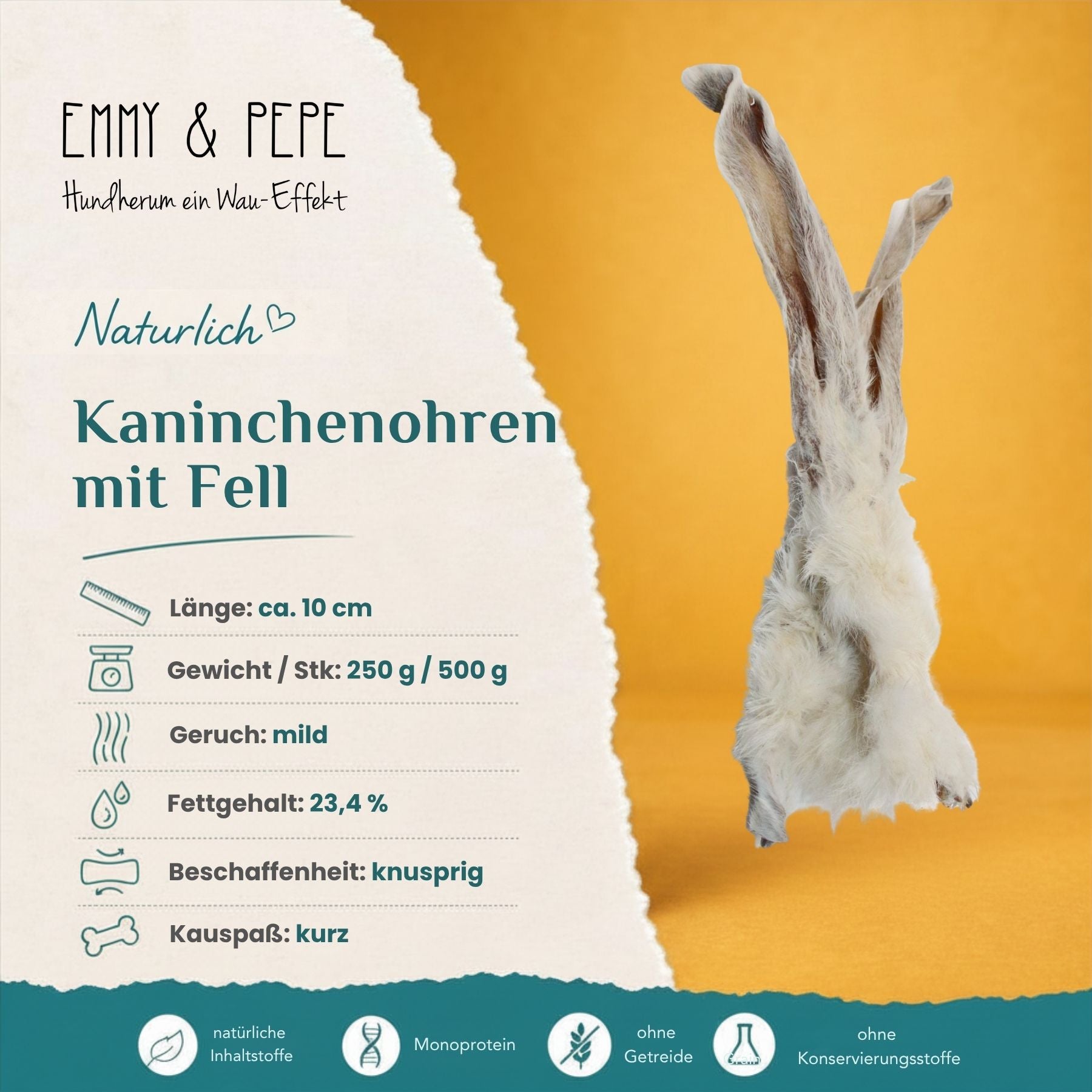 Wau-Knabber Kaninchenohren mit Fell getrocknet – Kauartikel für Hunde: natürliche Rohfaser, Fettgehalt 23,4 %, hypoallergener Snack für Hunde mit sensibler Verdauung