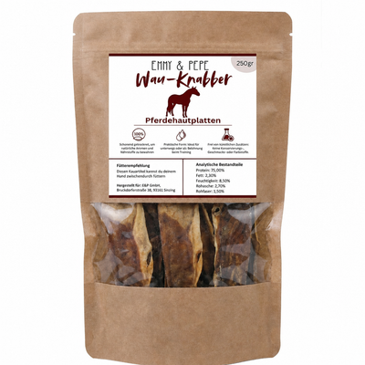 Wau-Knabber Pferdehautplatten von EMMY & PEPE – Produkttüte, 100 % Pferd, schonend getrocknet