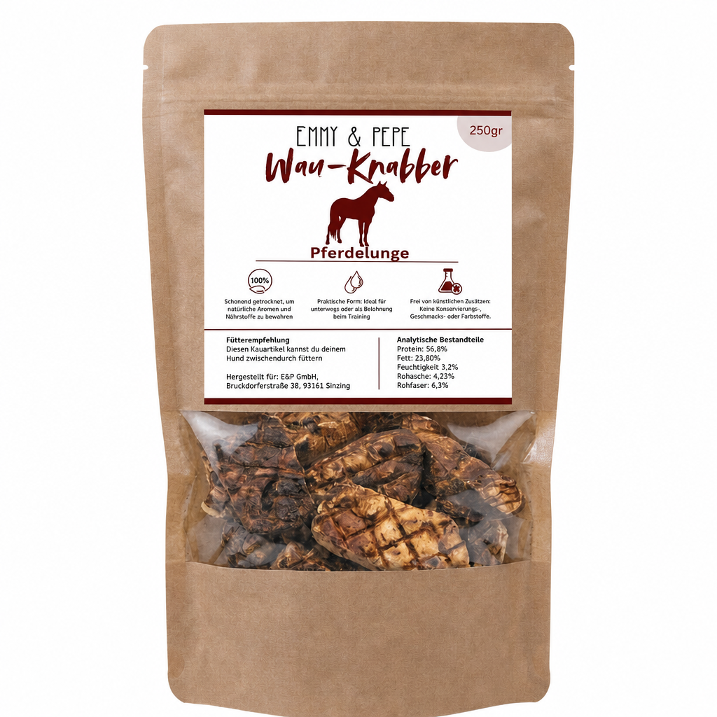 Wau-Knabber Pferdelunge von EMMY & PEPE – Produkttüte, 100 % Pferd, schonend getrocknet
