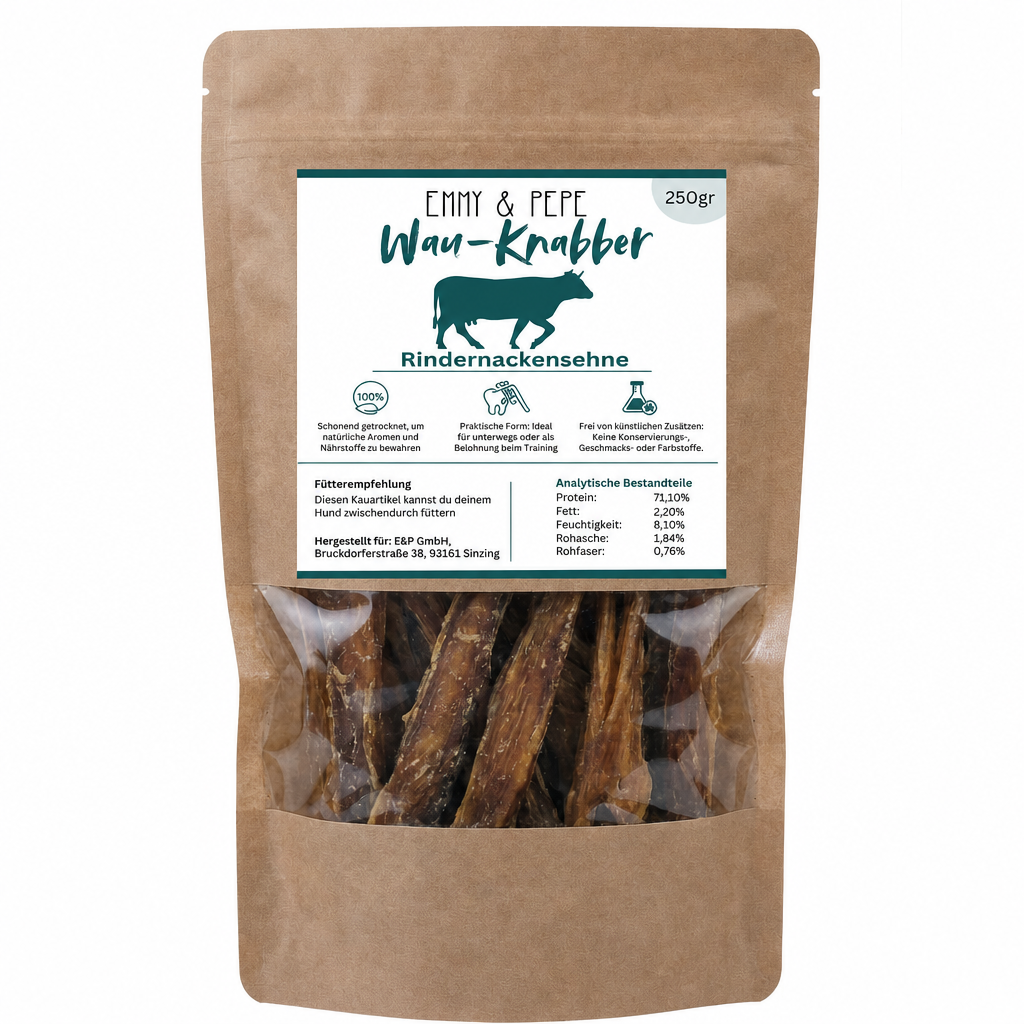 Wau-Knabber Rindernackensehne von EMMY & PEPE – Produkttüte, 100 % Rind, schonend getrocknet