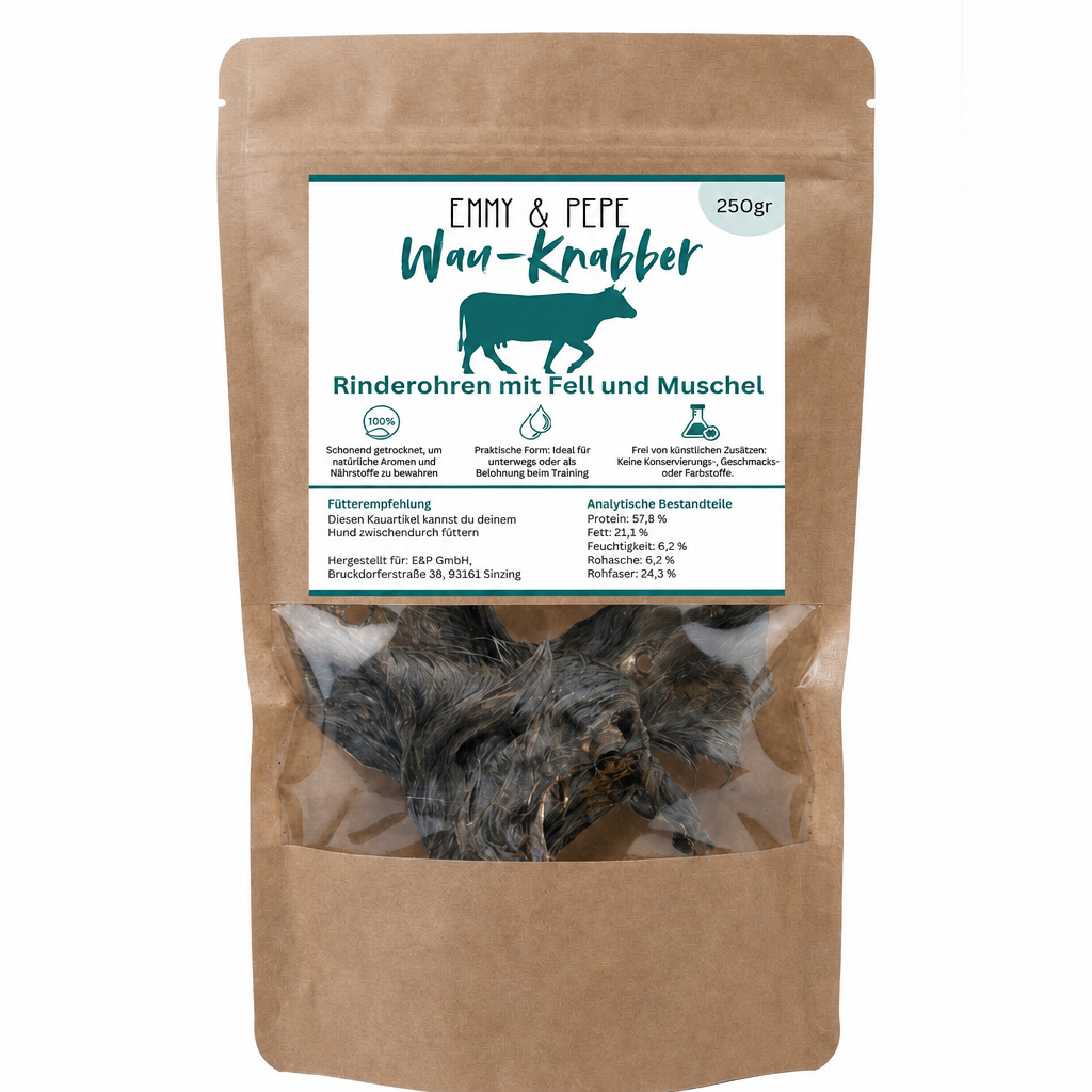 Wau-Knabber Rinderohren mit Fell mit Muschel von EMMY & PEPE – Produkttüte, 100 % Rind, schonend getrocknet