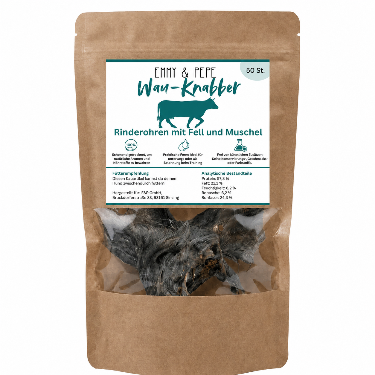 Wau-Knabber Rinderohren mit Fell mit Muschel von EMMY & PEPE – Produkttüte, 100 % Rind, schonend getrocknet