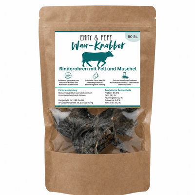 Wau-Knabber Rinderohren mit Fell mit Muschel von EMMY & PEPE – Produkttüte, 100 % Rind, schonend getrocknet