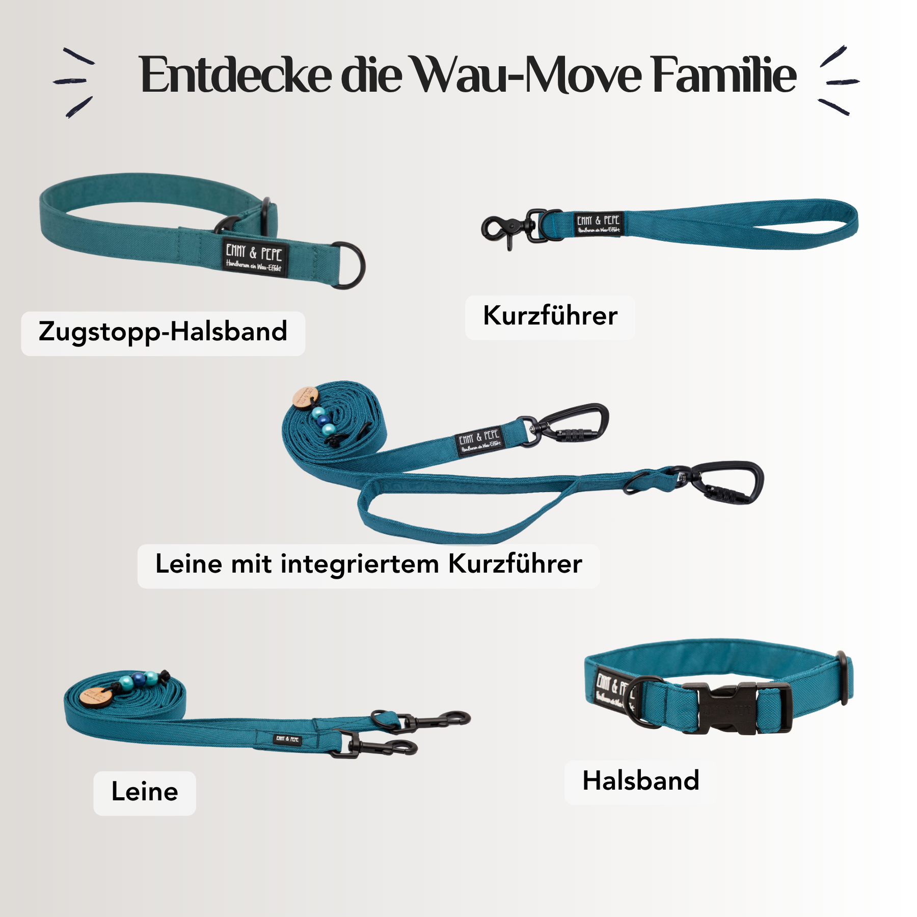 Emmy & Pepe Wau-Move Hundezubehör Set in Aqua (Petrol): Zugstopp-Halsband, Kurzführer, Leine mit integriertem Kurzführer, Leine und Halsband